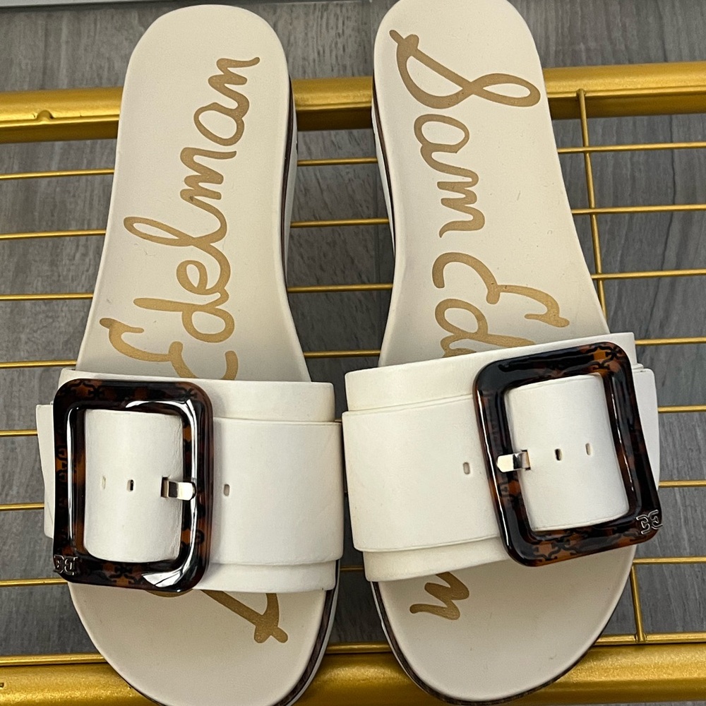 Sam Edelman White Slide Sandals with Tortoiseshell Buckles
